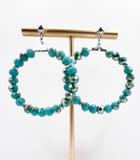 Blue Silver Beaded Faceted Hoop Earrings