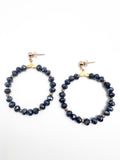 Blue Black Beaded Faceted Hoop Earrings