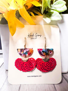 Red Multicolor Fan Charm Earrings