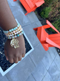 Green Stripe Agate Stack Beaded Charm Bracelet Set, “Hustle Like A Boss”
