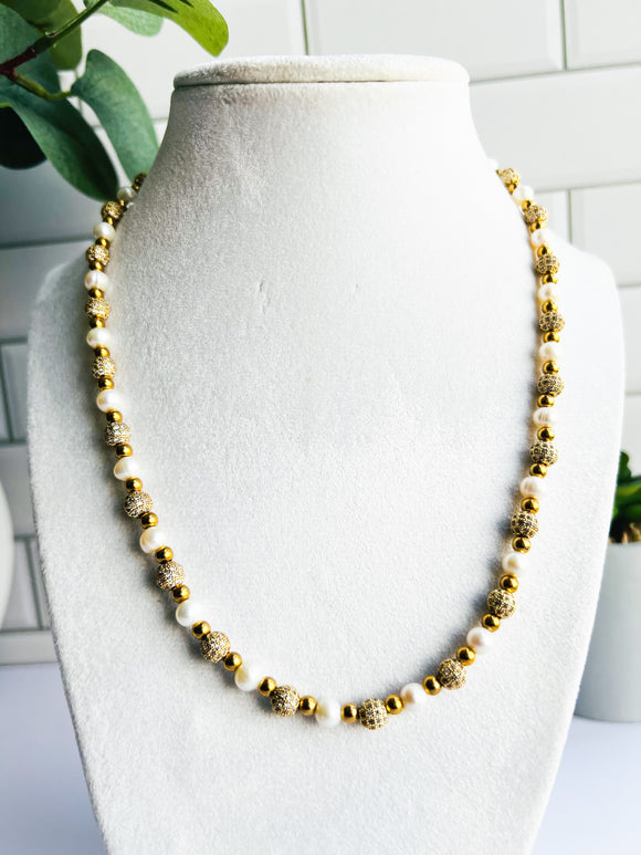 Freshwater Pearl & CZ Gold Beaded Necklace - 18”
