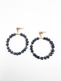 Blue Black Beaded Faceted Hoop Earrings