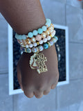 Green Stripe Agate Stack Beaded Charm Bracelet Set, “Hustle Like A Boss”