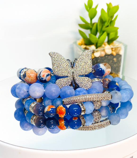 Blue Beaded Chalcedony Butterfly Stacked Bracelet Set