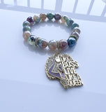 Green Stripe Agate Stack Beaded Charm Bracelet Set, “Hustle Like A Boss”