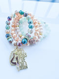 Green Stripe Agate Stack Beaded Charm Bracelet Set, “Hustle Like A Boss”