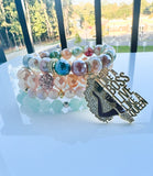 Green Stripe Agate Stack Beaded Charm Bracelet Set, “Hustle Like A Boss”