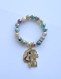 Green Stripe Agate Stack Beaded Charm Bracelet Set, “Hustle Like A Boss”