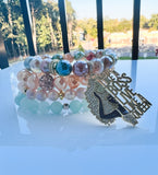 Green Stripe Agate Stack Beaded Charm Bracelet Set, “Hustle Like A Boss”