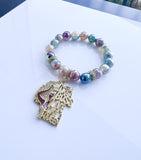 Green Stripe Agate Stack Beaded Charm Bracelet Set, “Hustle Like A Boss”