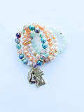 Green Stripe Agate Stack Beaded Charm Bracelet Set, “Hustle Like A Boss”