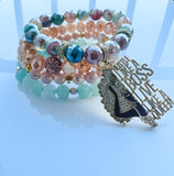 Green Stripe Agate Stack Beaded Charm Bracelet Set, “Hustle Like A Boss”