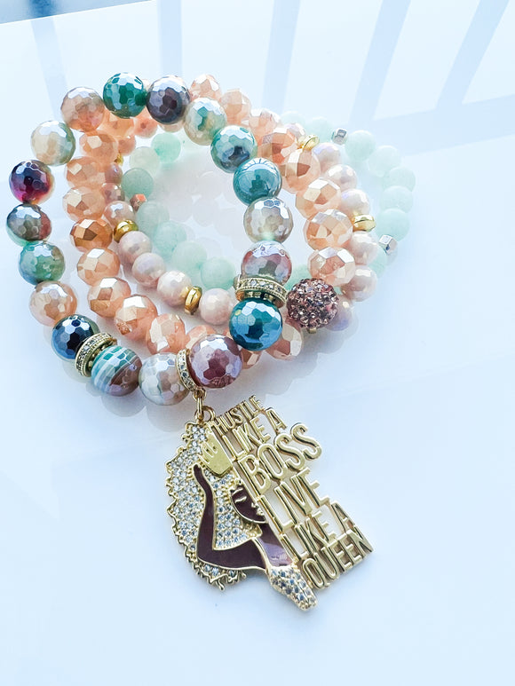 Green Stripe Agate Stack Beaded Charm Bracelet Set, “Hustle Like A Boss”