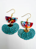 Teal Blue Multicolor Fan Charm Earrings