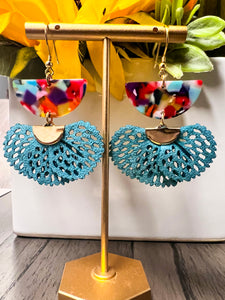 Teal Blue Multicolor Fan Charm Earrings