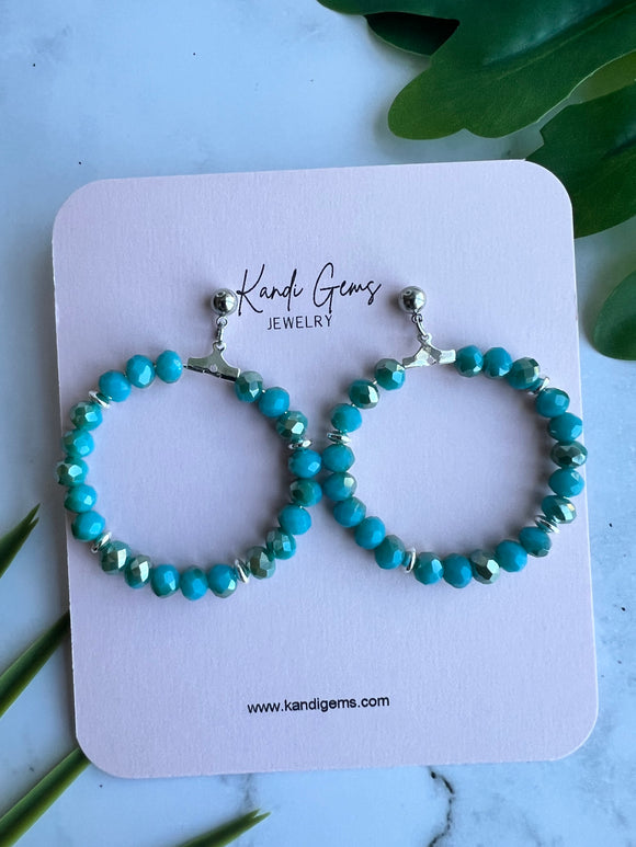Blue Silver Beaded Faceted Hoop Earrings
