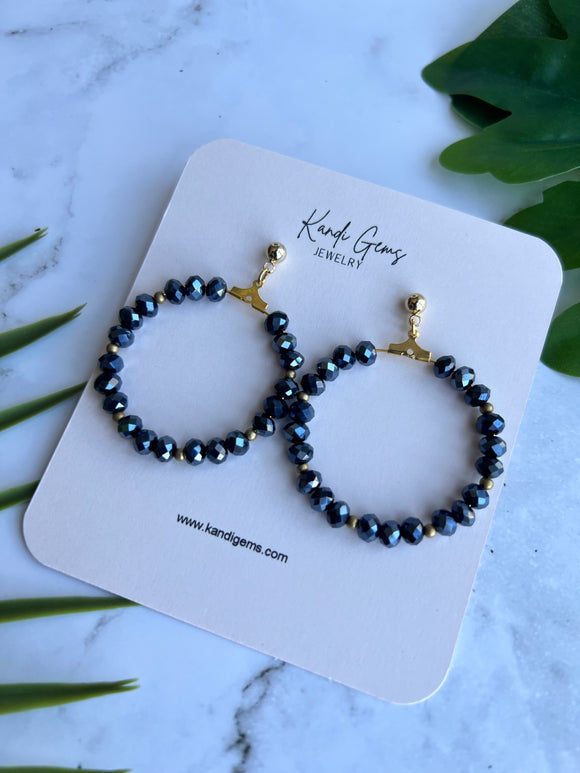 Blue Black Beaded Faceted Hoop Earrings