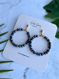 Blue Black Beaded Faceted Hoop Earrings