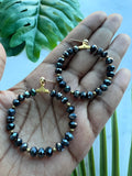 Blue Black Beaded Faceted Hoop Earrings