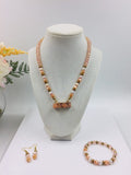 Pink and Antique Gold Beaded Necklace, Earrings and Bracelet Set
