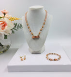 Pink and Antique Gold Beaded Necklace, Earrings and Bracelet Set