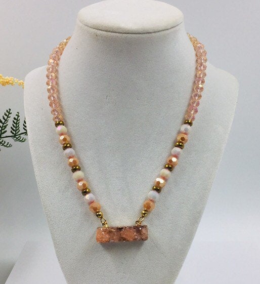 Pink and Antique Gold Beaded Necklace, Earrings and Bracelet Set
