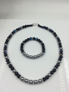 Black, Blue and Gray Glass Beaded Necklace and Bracelet Set