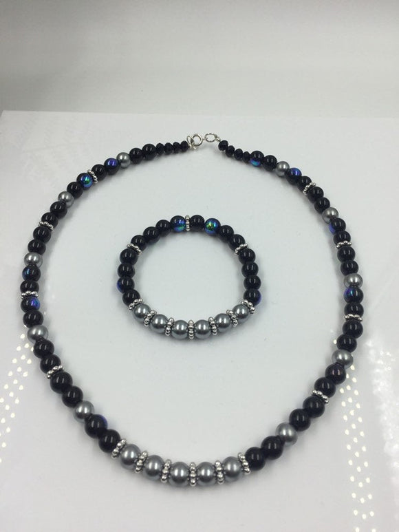 Black, Blue and Gray Glass Beaded Necklace and Bracelet Set