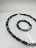 Black, Blue and Gray Glass Beaded Necklace and Bracelet Set