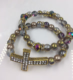 Stackable Stretch Bracelet Set, Pave Gold Tone Cross