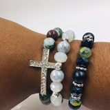 Jade beads, matte black glass beads, 3 piece set of bracelets, Silver Tone cross with crystal rhinestones