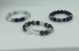 Jade beads, matte black glass beads, 3 piece set of bracelets, Silver Tone cross with crystal rhinestones