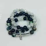 Jade beads, matte black glass beads, 3 piece set of bracelets, Silver Tone cross with crystal rhinestones