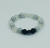 Jade beads, matte black glass beads, 3 piece set of bracelets, Silver Tone cross with crystal rhinestones