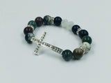 Jade beads, matte black glass beads, 3 piece set of bracelets, Silver Tone cross with crystal rhinestones