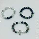 Jade beads, matte black glass beads, 3 piece set of bracelets, Silver Tone cross with crystal rhinestones