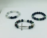 Jade beads, matte black glass beads, 3 piece set of bracelets, Silver Tone cross with crystal rhinestones
