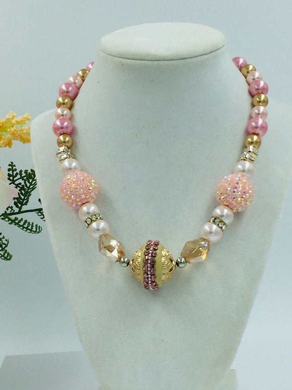 Pink and gold bead statement necklace with rhinestones and crystals