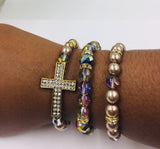 Stackable Stretch Bracelet Set, Pave Gold Tone Cross