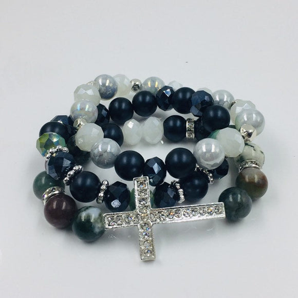 Jade beads, matte black glass beads, 3 piece set of bracelets, Silver Tone cross with crystal rhinestones