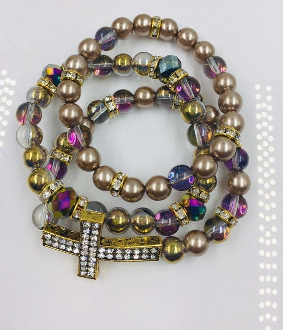 Stackable Stretch Bracelet Set, Pave Gold Tone Cross