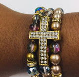 Stackable Stretch Bracelet Set, Pave Gold Tone Cross