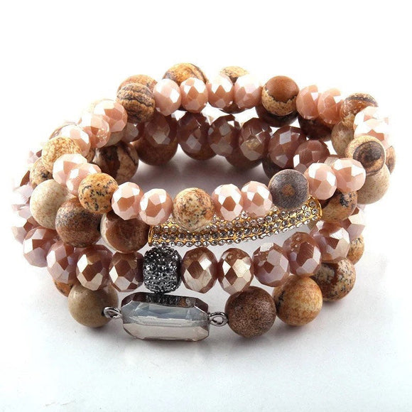 Natural Brown Jasper Stone Beaded Stretch Bracelet Set