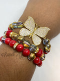Red Beaded Bracelet Set, Gold Plated CZ Pave Accent
