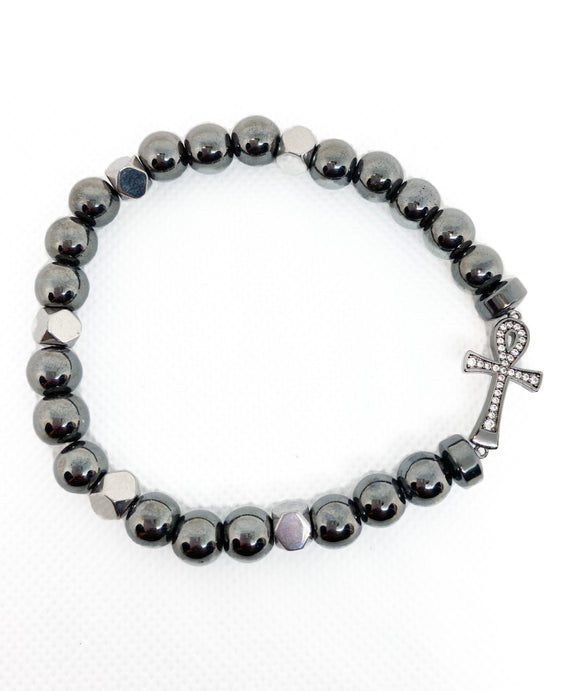 Gray Black Hematite and Crystal Ankh Cross Beaded Bracelet