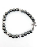 Gray Black Hematite and Crystal Ankh Cross Beaded Bracelet