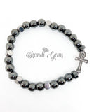 Gray Black Hematite and Crystal Ankh Cross Beaded Bracelet