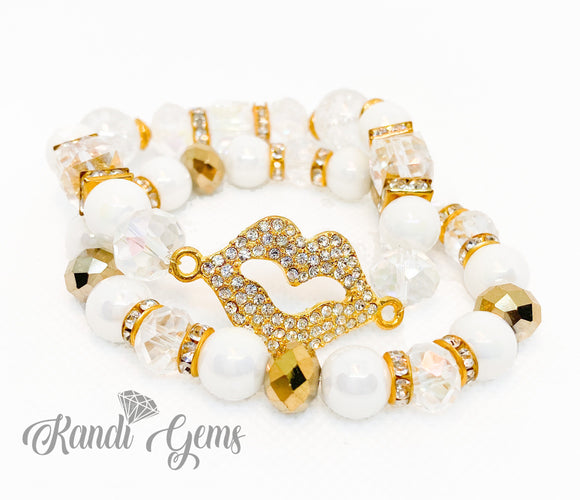 Gold and White Stretch Beaded Stack Bracelet Set
