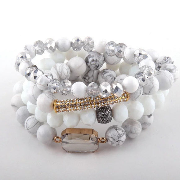 Natural White Howlite Stone Stretch Beaded Bracelet Set