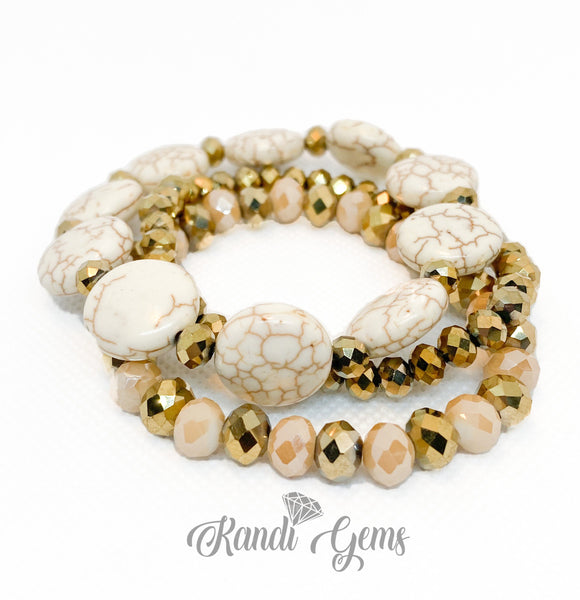 White Howlite, Gold & Champagne Stretch Bracelet Set
